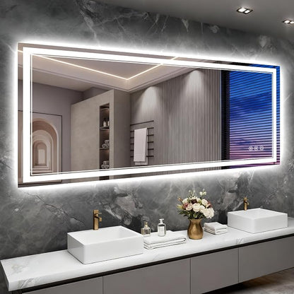 72x32 Inch LED Bathroom Mirror with Lights, 3 Colors Dimmable LED Vanity Mirror, Front and Back Lit, Anti-Fog, Memory Function, Shatterproof Tempered Glass, ETL Listed, Wall Mounted Makeup Mirror