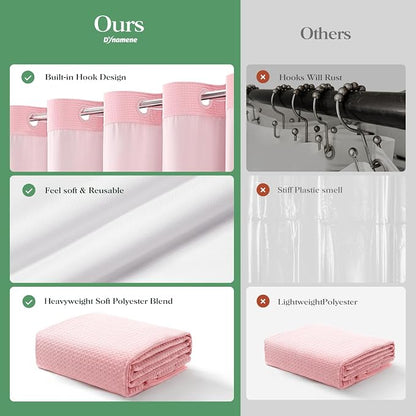 Pink Hook Free Waffle Shower Curtain & Snap-in Fabric Liner,72x87 | Less Time to install, 3 in 1 Fabric Shower Curtain and Liner Set with Magnets, Extra Long, Shower Curtains for Bathroom