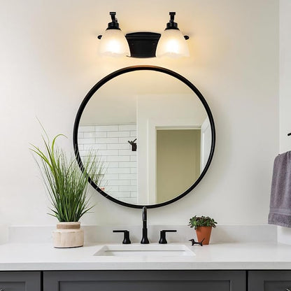 Bathroom Light Fixtures (2-Light, 15 Inch), Matte Black Vanity Lights for Bathroom with White Frosted Glass Shade, Modern Vanity Wall Lights for Mirror Bedroom Living Room Hallway