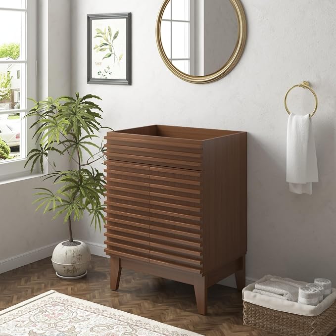 24 Inch Bathroom Vanity Base Cabinet, Walnut Freestanding Bathroom Storage Cabinet Base Only, Modern Wood Grain Vanity Cabinet with Solid Wood Legs and Soft Close Doors, Sink Not Included