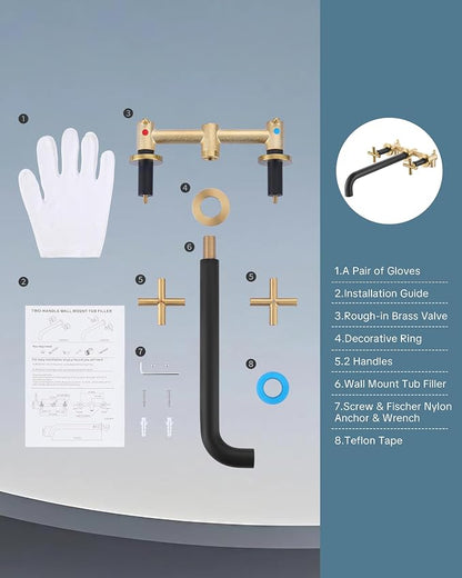 ARCORA Wall Mount Tub Filler: Black and Gold Bathtub Faucet Long Spout Reach 2 Cross Handles Tub Faucet with Brass Rough in Valve Included