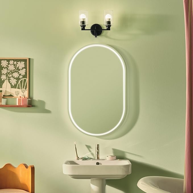 Kichler Gioe 14.25" 2-Light Vanity Light with Clear Fluted Glass in Black, Damp Rated, for Bathroom, Powder Room, Over a Mirror, (14.25" W x 10.5" H), 55225BKFLU