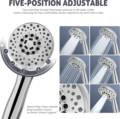 High Pressure Shower Head with Powerful Shower Spray & 59'' Stainless Steel Hose, 5 Spray Modes, Adjustable Bracket and Non-Clogging Nozzles（Chrome）