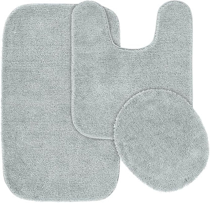 Garland Rug Traditional Nylon Washable Platinum Gray 3 Piece Set - Lid, Contour, Bath Rug - Soft, Absorbent, and Stylish for Your Bathroom