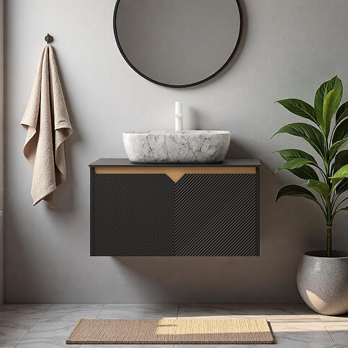 Floating Bathroom Vanity with Sink, 30" Bathroom Storage Cabinet with Sintered Stone Countertop & Marble-Pattern Ceramic Basin, Modern Wall-Mounted Vanity with 2 Twill Pattern Doors, Black