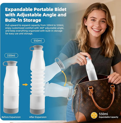 Hibbent Portable Bidet for Travel, High Pressure Electric Handheld Bidet Sprayer, 350-550ML Expandable Bottle for Personal Hygiene, USB-C Rechargeable Waterproof, Travel Sprayer for Women & Men, Black