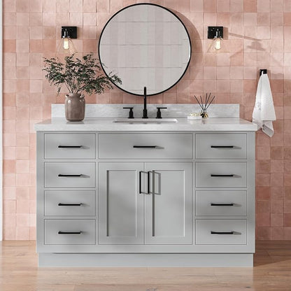 DKB Isabella 54" Grey Single Bathroom Vanity with Sink, 1.5" Italian Carrara Marble Countertop, Rectangular Undermount Sink, 2 Soft Closing Doors, 9 Dovetail Drawers