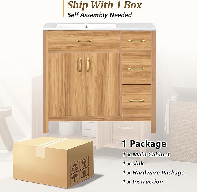 Favfurish 36" Bathroom Vanity,Free Standing Single Basin Vanity Combo with Sink,3 Soft Close Drawers & 2 Soft Close Doors,Solid Wood Frame Storage Cabinet w/Ceramic Basin,for Small Space,Natural