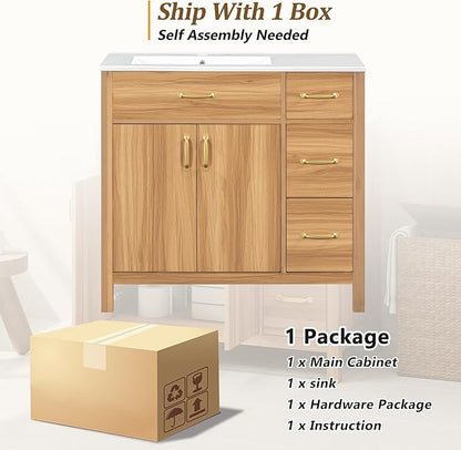 Favfurish 36" Bathroom Vanity,Free Standing Single Basin Vanity Combo with Sink,3 Soft Close Drawers & 2 Soft Close Doors,Solid Wood Frame Storage Cabinet w/Ceramic Basin,for Small Space,Natural