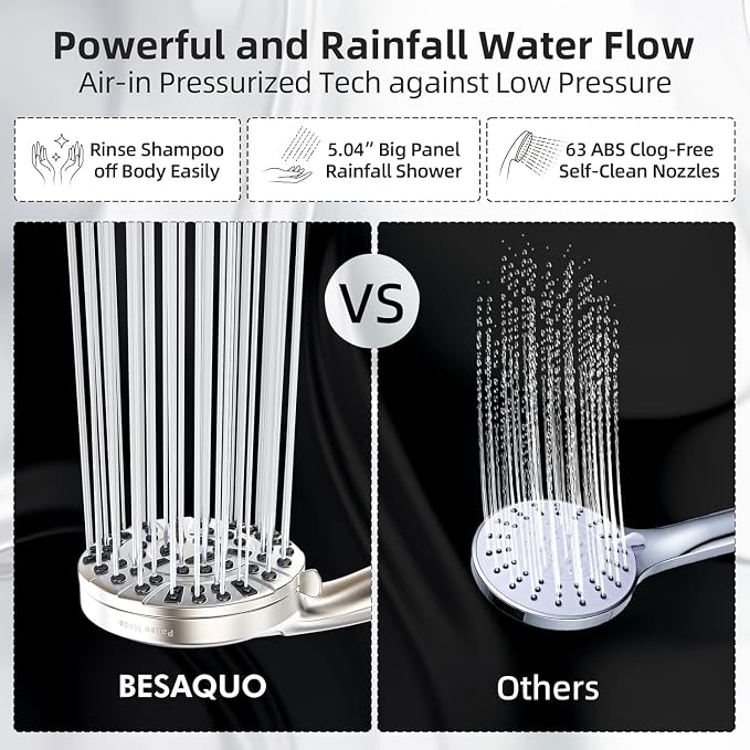 BESAQUO Shower Head, 9 Settings High Pressure shower head with handheld, Built-in Pause Mode & Power Wash, Non-Clogging Nozzles, 6ft Hose,Bracket (Satin Nickel)