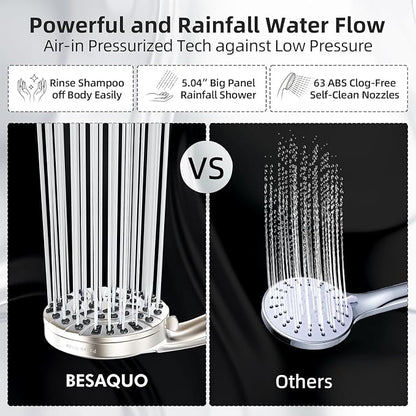 BESAQUO Shower Head, 9 Settings High Pressure shower head with handheld, Built-in Pause Mode & Power Wash, Non-Clogging Nozzles, 6ft Hose,Bracket (Satin Nickel)