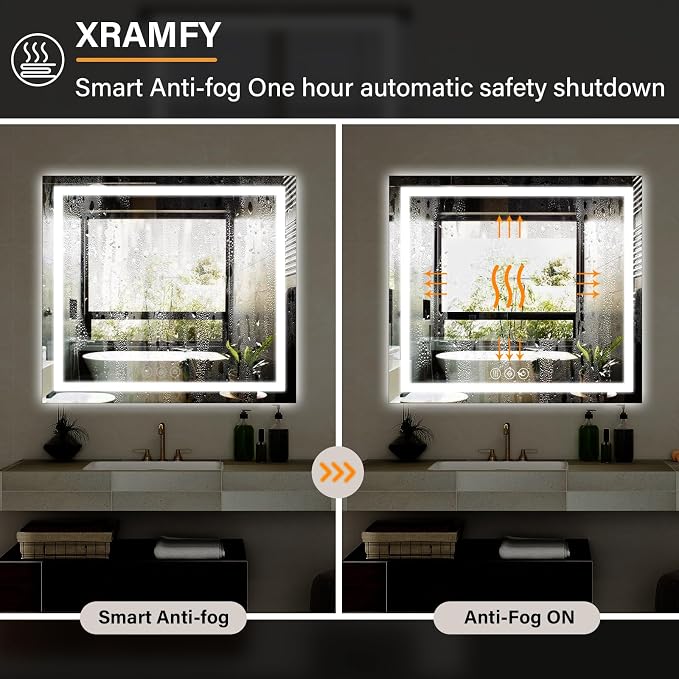 XRAMFY 47"X47" LED Bathroom Mirror, Backlit + Front Lit Wall Mirror | LED Bathroom Mirror with Lights for Wall, 3 Colors, Anti-Fog, Dimmable Brightness, Tempered Glass