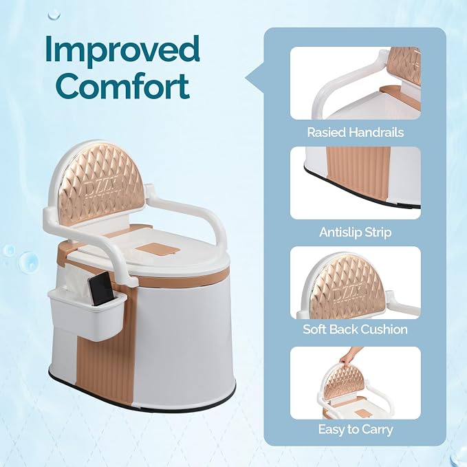 VINGLI Portable Toilet | Back & Handrail Design Commode with 5 Gallon Bucket Inner, Camping RV Toilet for Adult, Kids, Home, Boat, Van, Travel, Orange