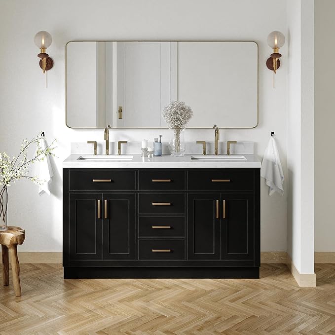 ARIEL Hepburn 60-inch Bathroom Vanity with Sink,Solid Wood, 1.5-inch Carrara White Quartz Countertop & Backsplash, Double Rectangular Porcelain Sink, 4 Soft Closing Doors, 6 Dovetail Drawers, Black