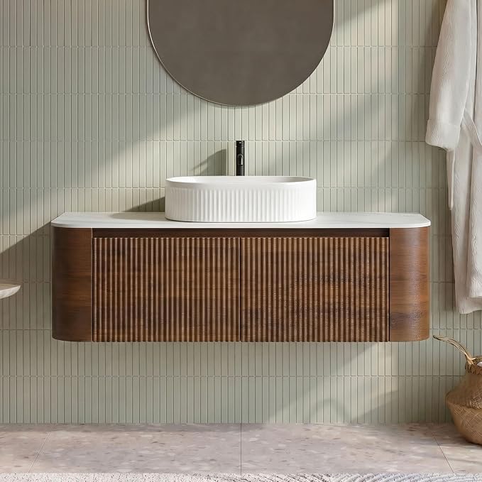 48" Preassembled Floating Bathroom Vanity with White Sink, Walnut | Mid-Century Modern Style, Fluted & Soft-Close Drawer with U-shaped Wall, Sinterted Stone Countertop, Towel Rack Included