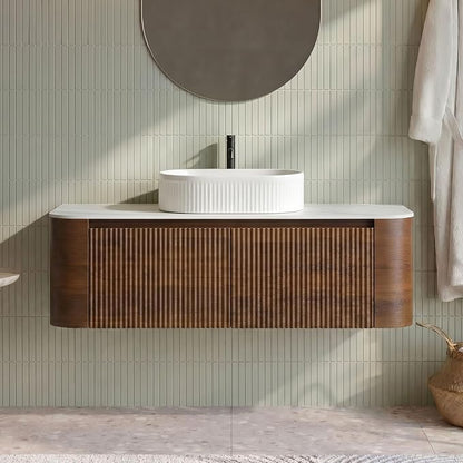 48" Preassembled Floating Bathroom Vanity with White Sink, Walnut | Mid-Century Modern Style, Fluted & Soft-Close Drawer with U-shaped Wall, Sinterted Stone Countertop, Towel Rack Included