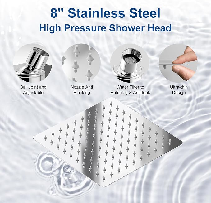 Shower Head, 8'' Rain Shower Head with Handheld Spray, High Pressure Rainfall Showerhead Combo with Adjustable Shower Extension Arm 5 Modes Handheld Shower Heads Detachable Dual Shower, Chrome