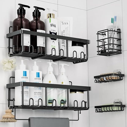 IKSOO Shower Caddy 5 Pack - 12.5 inch Shelves, 5-Pack with 10 Hooks, Stainless Steel, No Drilling Shelves for Bathroom Storage & Home Decor