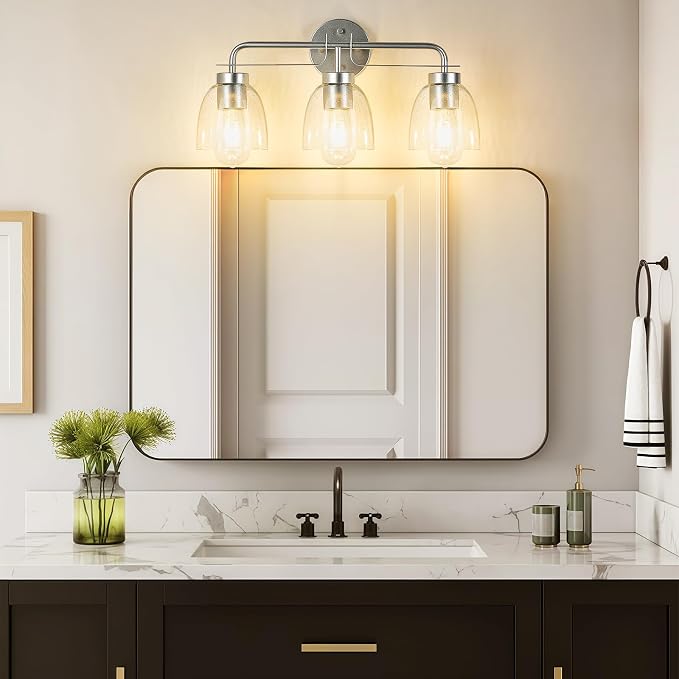 21 Inch Vanity Lights, 3-Light Silver Vintage Industrial Bathroom Light Fixtures with Bell Bubble Glass Shade, Wall Sconce for Bathroom Mirror, Bedroom, Hallway