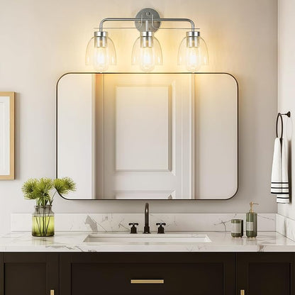 21 Inch Vanity Lights, 3-Light Silver Vintage Industrial Bathroom Light Fixtures with Bell Bubble Glass Shade, Wall Sconce for Bathroom Mirror, Bedroom, Hallway
