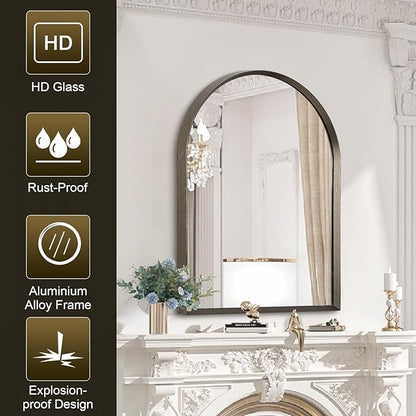 Arched Wall Mirror Bathroom Mirror Brushed Metal Vanity Wall Mounted Mirror for LivingRoom Bedroom Entryway Room Home Decor 26"x18"