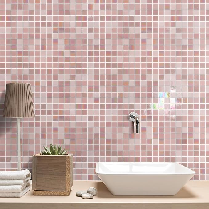 11.5 sq.ft Rainbow Pink Glass Mosaic Tile for Bathroom, Pool, Backsplash | Waterproof Wall & Floor Tile. Heat & frost resistant outdoors. Mesh-mounted easy install. Use any grout. Easy clean. 10pcs.