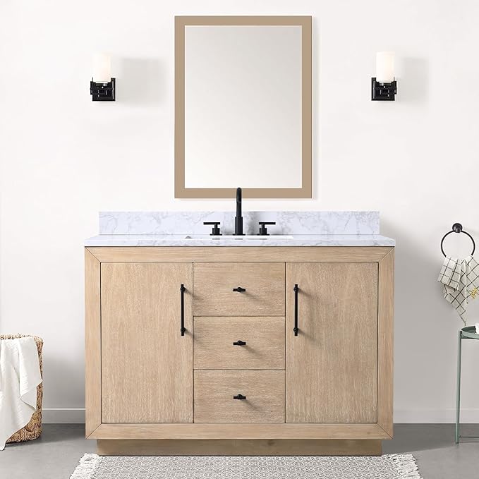 Vanity Art 48" Bathroom Vanity with Sink, Vanity Cabinet with Doors and Shelf, Modern Wood Bathroom Vanity with White Marble Top, Solid Wood Frame, 3 Functioning Drawers,VA70-48-LW-E