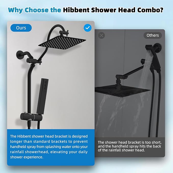 Hibbent 10'' Rainfall Shower Head with 4-mode Handheld Spray, Matte Black | cUPC Certified High Pressure Showerhead Combo, 12'' Adjustable Extension Arm, Extension Bar, Easy Reach Holder, 71'' Hose
