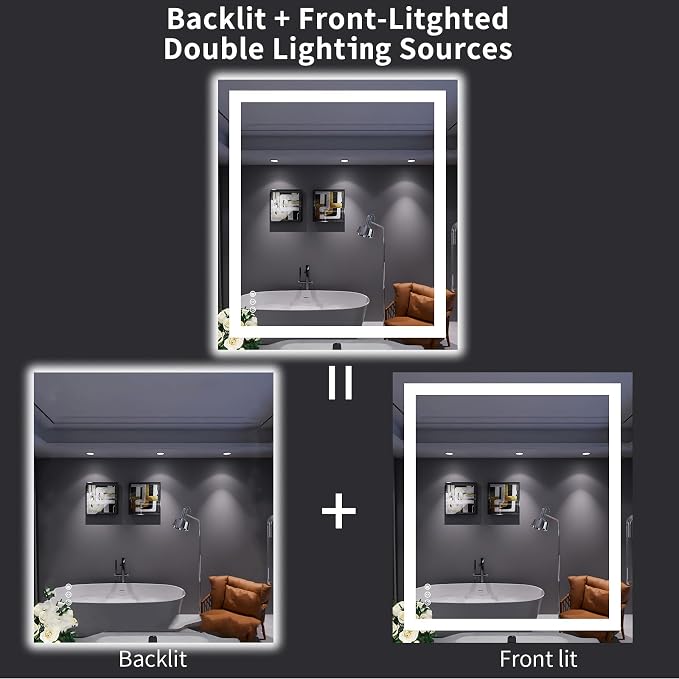 LOAAO 32"X36" LED Bathroom Mirror with Lights, UL Listed | Anti-Fog, Dimmable, 3 Color Temperature, Backlit + Front Lit, Memory Function, Tempered Glass