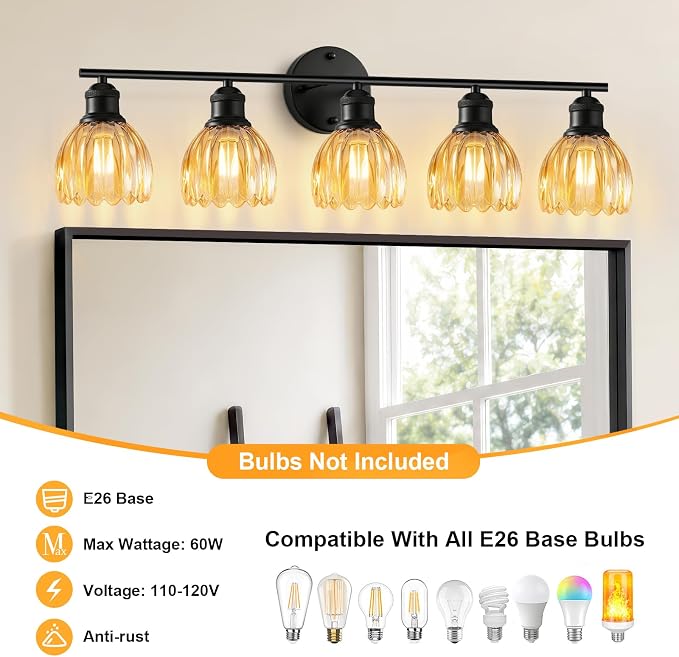 Bathroom Light Fixtures, 5-Light Brushed Black Vanity Lights for Bathroom with Amber Tulip Glass Shade, 30" Vintage Bathroom Vanity Lighting Fixtures Over Mirror for Bedroom Living Room Hallway