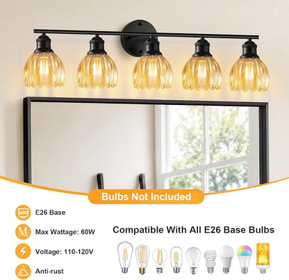 Bathroom Light Fixtures, 5-Light Brushed Black Vanity Lights for Bathroom with Amber Tulip Glass Shade, 30" Vintage Bathroom Vanity Lighting Fixtures Over Mirror for Bedroom Living Room Hallway