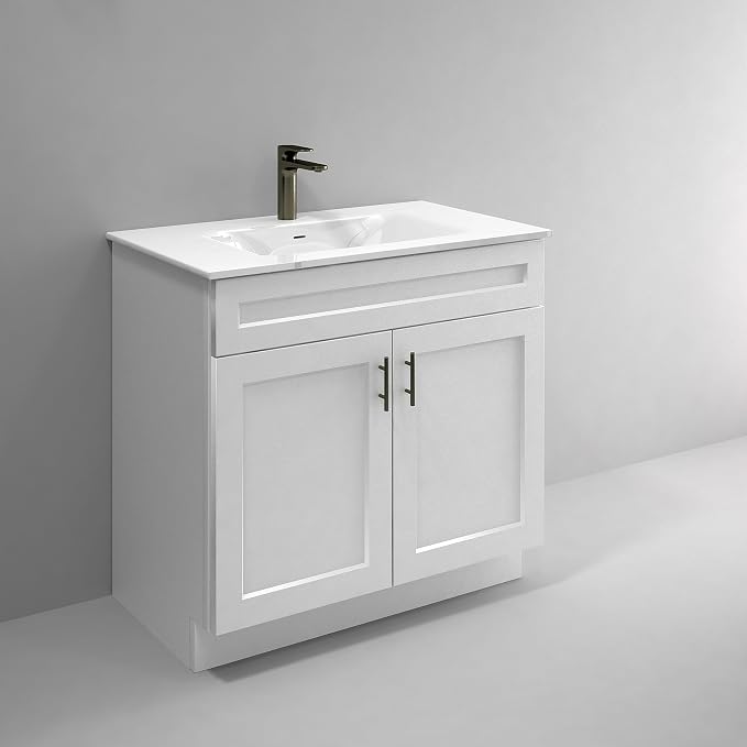 36" White Shaker Bathroom Vanity Base – Ready-to-Assemble Sink Cabinet, Freestanding Bathroom Vanity Base Only, No Top or Sink