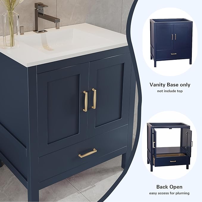 30" Blue Bathroom Vanity Base Only – Freestanding Solid Wood Sink Cabinet with Bottom Drawer, Shaker Style Storage, No Top or Sink, 30" W x 21" D x 34.5" H