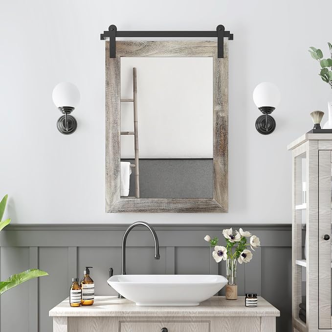 COGOOD Farmhouse Bathroom Mirrors for Over Sink - 30 x 22 Yellow White | Rustic Barn Door Wood Framed Vanity Mirror for Entryway, Living Room, Bedroom, Dresser Wall Decor