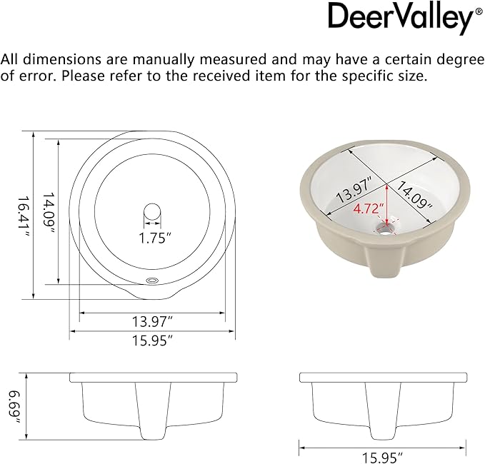DeerValley 16x16 Inch Small Round Undermount Bathroom Sink, White Ceramic Under Counter Sink with Overflow, DV-1U0207