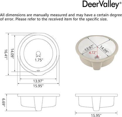 DeerValley 16x16 Inch Small Round Undermount Bathroom Sink, White Ceramic Under Counter Sink with Overflow, DV-1U0207