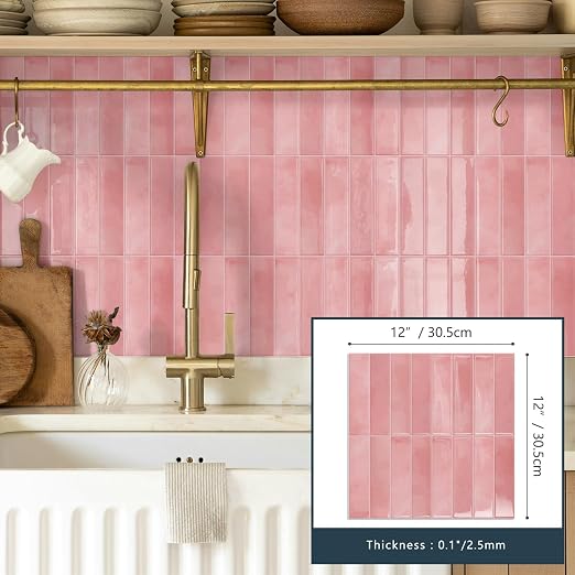 10 Sheets Upgraded Thicker Design Subway Tile Peel and Stick Backsplash | 12”×12”Self Adhesive Wall Tiles Stick on Back Splash for Kitchen,Bathroom,Camper(Pink)