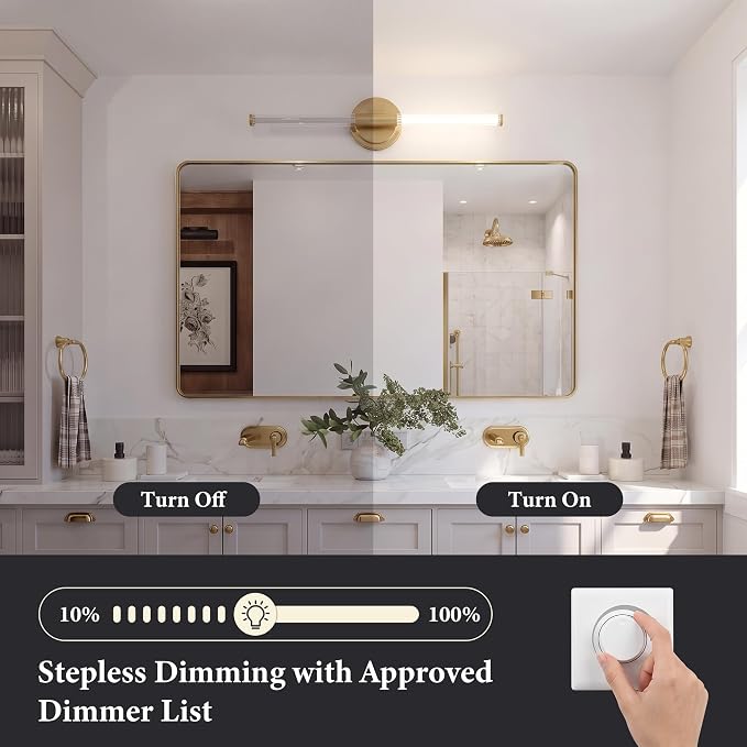 URSOLA 24" Modern LED Bathroom Light Fixtures, Satin Brass 3CCT Dimmable Bathroom Vanity Light Over Mirror, Bathroom Vanity Bath Bar Lights with 360° Removable Acrylic Light Tube