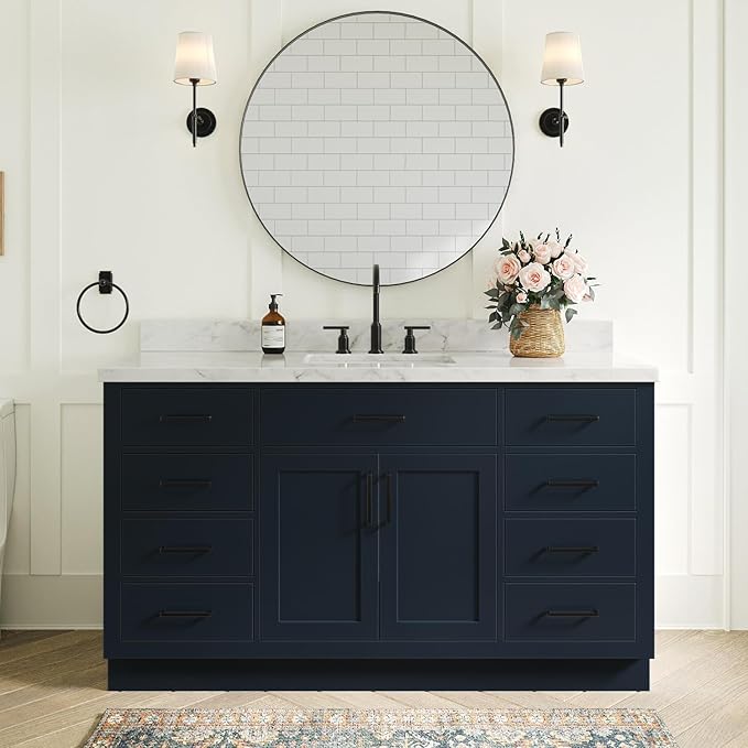 ARIEL Hepburn 60-inch Bathroom Vanity Base Cabinet,Solid Wood, 2 Soft Closing Doors, 9 Dovetail Drawers, Midnight Blue