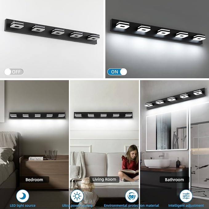 Modern LED Bathroom Vanity Light - 30W Dimmable Matte Black 5-Light Fixture, 40" Long Wall Light, Day Light 5500K, 110V AC