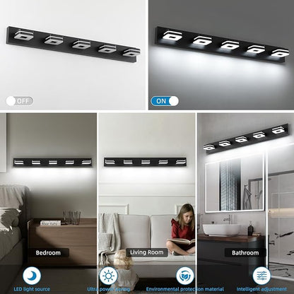 Modern LED Bathroom Vanity Light - 30W Dimmable Matte Black 5-Light Fixture, 40" Long Wall Light, Day Light 5500K, 110V AC