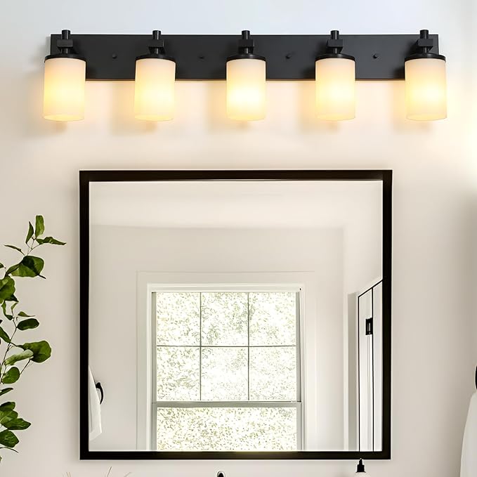LOUSACE Bathroom Light Fixtures Over Mirror, 5 Light Vanity Lights Matte Black, Modern Bathroom Lighting with Opal White Glass Shades, Wall Sconces Fixture Vanity Lighting for Bedroom Living Room