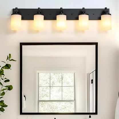 LOUSACE Bathroom Light Fixtures Over Mirror, 5 Light Vanity Lights Matte Black, Modern Bathroom Lighting with Opal White Glass Shades, Wall Sconces Fixture Vanity Lighting for Bedroom Living Room