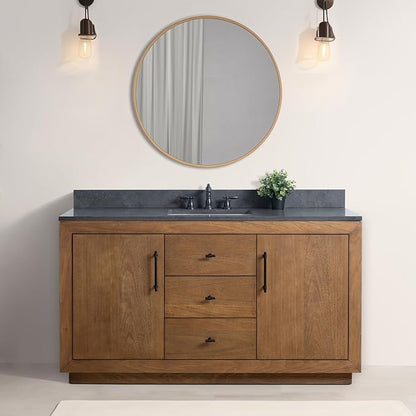 Vanity Art 60" Bathroom Vanity with Sink, Vanity Cabinet with Doors and Shelf, Modern Wood Bathroom Vanity with Black Marble Top, Solid Wood Frame, 3 Functioning Drawers,VA70-60-ST-B