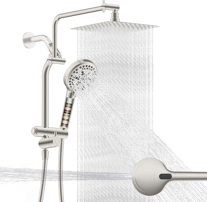 Metal 10" Rain Showerhead with 10-Spray Filter Handheld, 4-way Diverter | Brushed Nickel Finish, NSF/ANSI/CAN 372 Certified, High Pressure Shower Head with Pause Mode, 71" Hose/12" Extension Arm