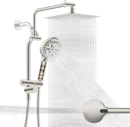 Metal 10" Rain Showerhead with 10-Spray Filter Handheld, 4-way Diverter | Brushed Nickel Finish, NSF/ANSI/CAN 372 Certified, High Pressure Shower Head with Pause Mode, 71" Hose/12" Extension Arm