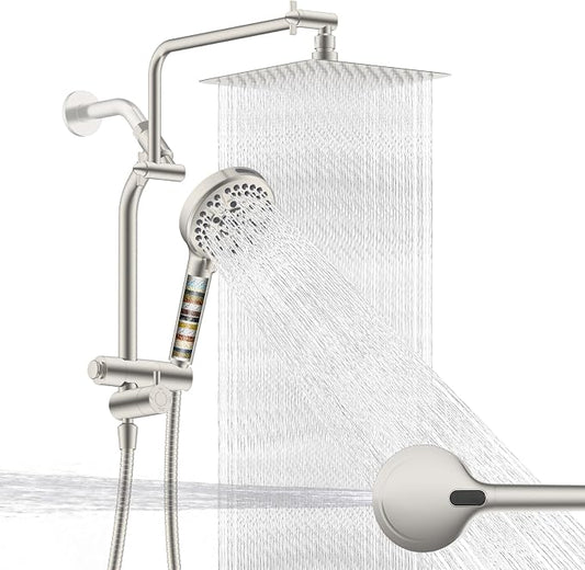 Metal 10" Rain Showerhead with 10-Spray Filter Handheld, 4-way Diverter | Brushed Nickel Finish, NSF/ANSI/CAN 372 Certified, High Pressure Shower Head with Pause Mode, 71" Hose/12" Extension Arm