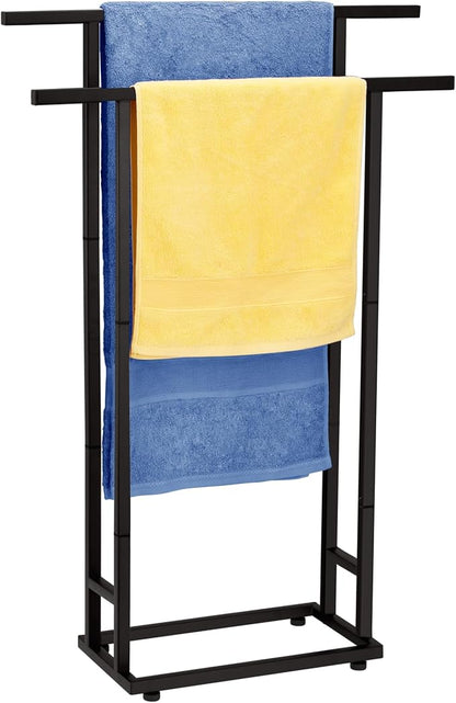 2 Tier Tall Free Standing Towel Racks for Bathroom | Metal Drying Rack for Oversized Bath Towels & Blankets, Indoor & Outdoor Use, Fits Bathroom, Pool, Black