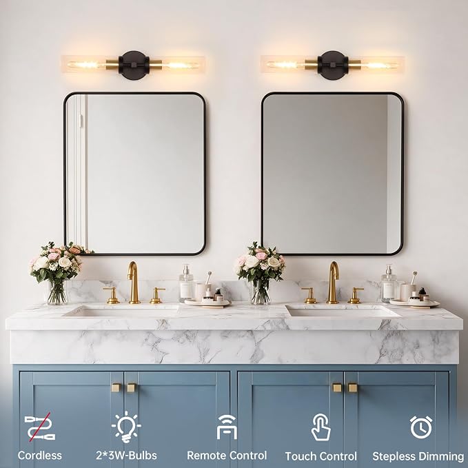Shenmoyl Set of 2 Wall Sconces, 7800 mAh Battery Operated Wall Sconce with 3 Colors & Remote Control, Black Gold Rechargeable Wall Lamp with Clear Glass Shade for Bedroom, Bathroom, Stairwell, Hallway