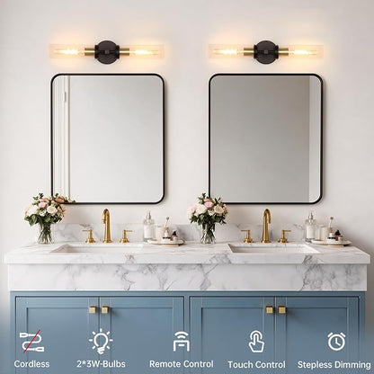 Shenmoyl Set of 2 Wall Sconces, 7800 mAh Battery Operated Wall Sconce with 3 Colors & Remote Control, Black Gold Rechargeable Wall Lamp with Clear Glass Shade for Bedroom, Bathroom, Stairwell, Hallway